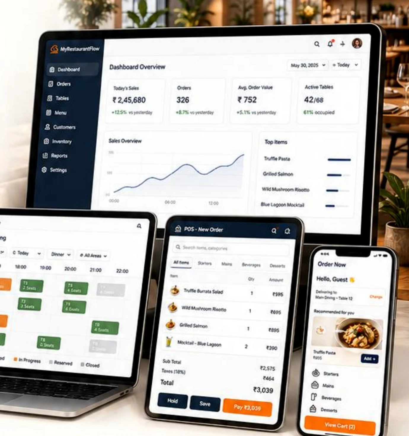 Restaurant platform across dashboard, table booking, POS and guest ordering screens